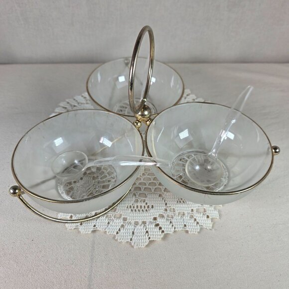 Libbey Other - Libbey MCM Frosted Glass Relish Condiment 3 Bowl Set With Gold Toned Metal Caddy